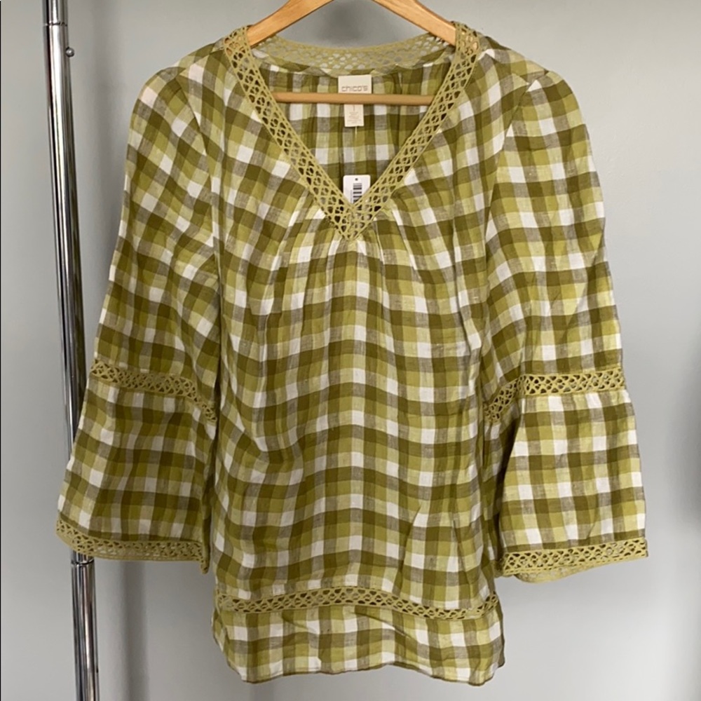 Chico’s Playful Gingham Crochet Linen Popover